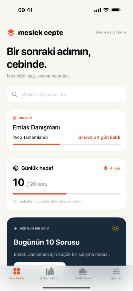 Meslek Cepte ana ekranında sınav hedefi, günlük çalışma hedefi ve günün 10 sorusu